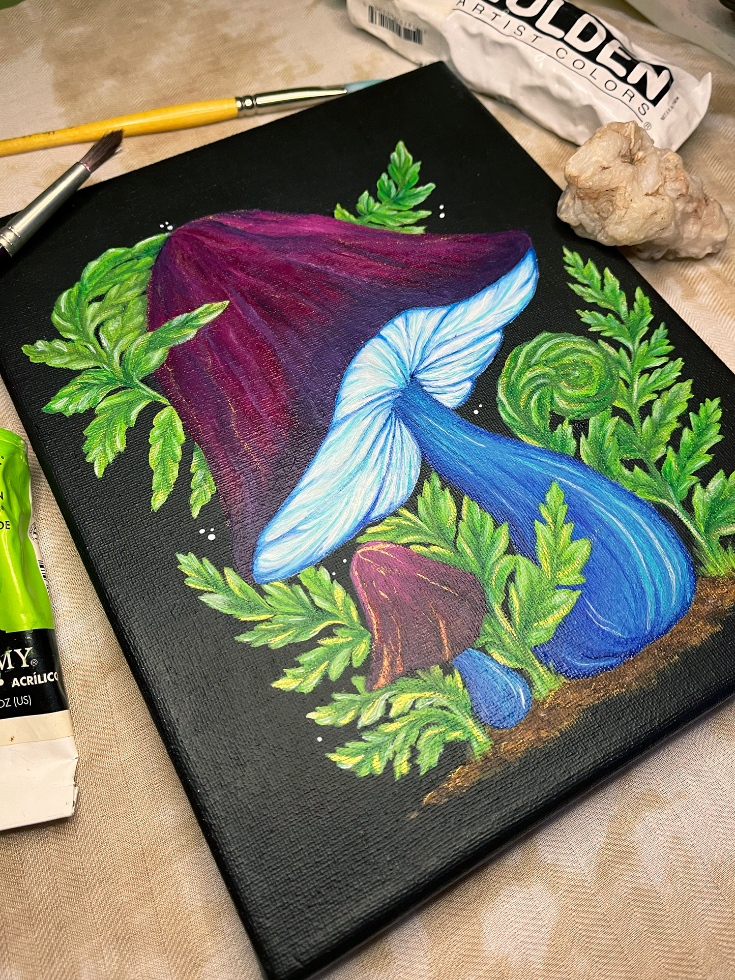 Mushroom & Fern Original Canvas Painting